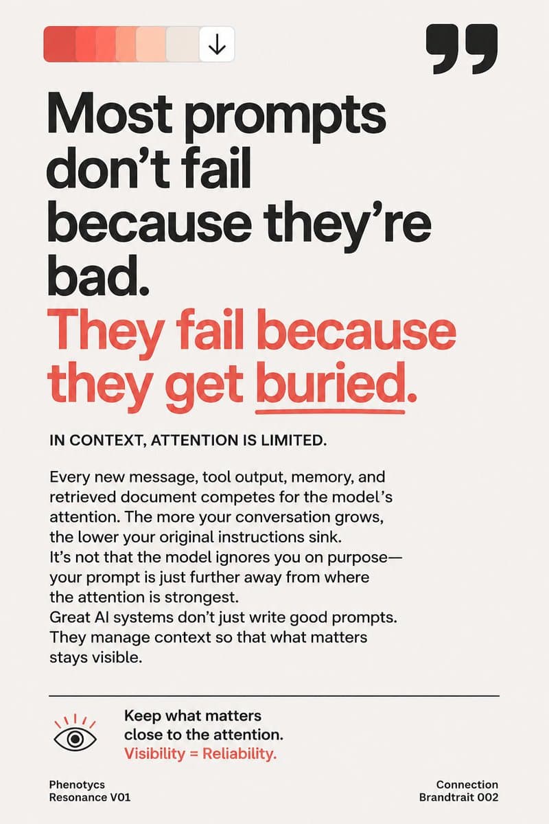 Poster: most prompts don't fail because they're bad, they fail because they get buried in context. Every message, tool output and retrieved document competes for the model's attention.